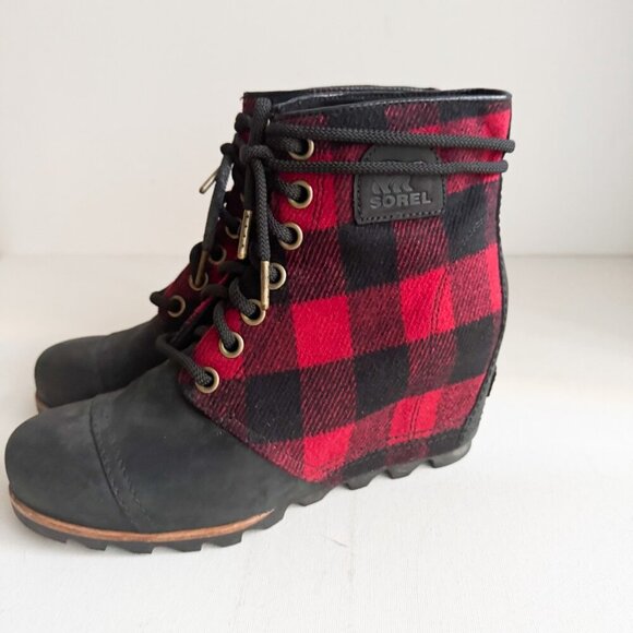 Sorel Buffalo Plaid Wool Leather Wedge Boots 9.5 - Picture 3 of 5